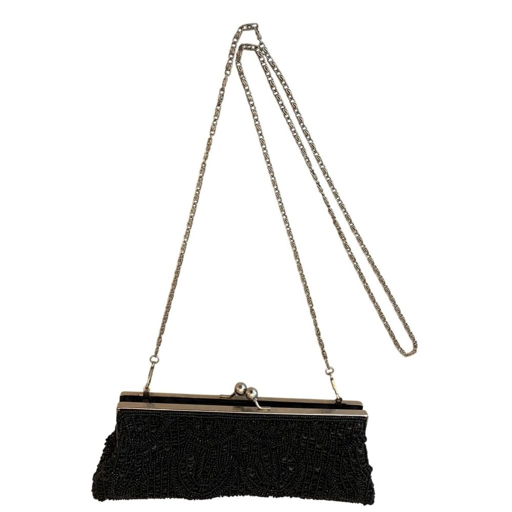 Vintage Black Beaded Clutch Purse With Chain Strap & Silver-Tone Frame